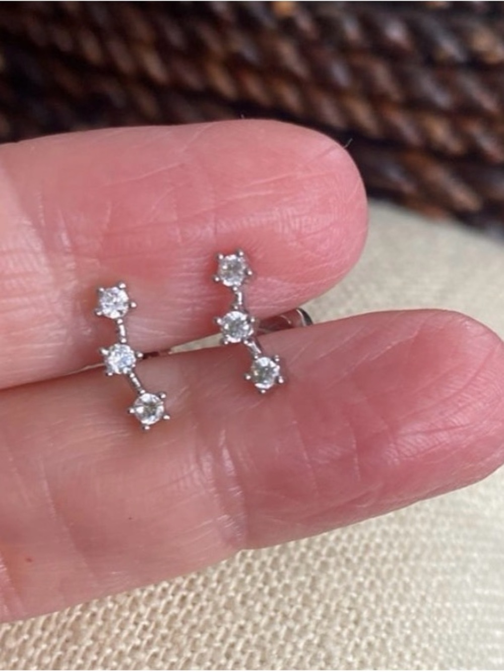 Sterling Linear Triple-CZ Drop Earrings in Silver, perfect for cartilage